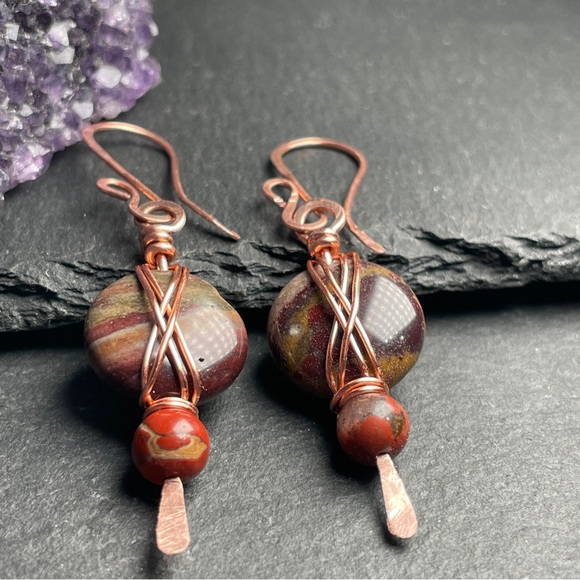 Artisan Copper and Earthy Agate and Jasper Stone Earrings - Picture 4 of 14